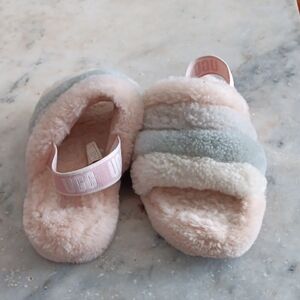 UGG Kids Pastel Pink and Light Blue Fuzz Slide Sandals